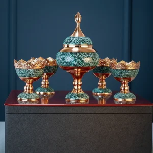 ست آجیل خوری با باکس چرم و چوب آسمان فیروزه‌ای