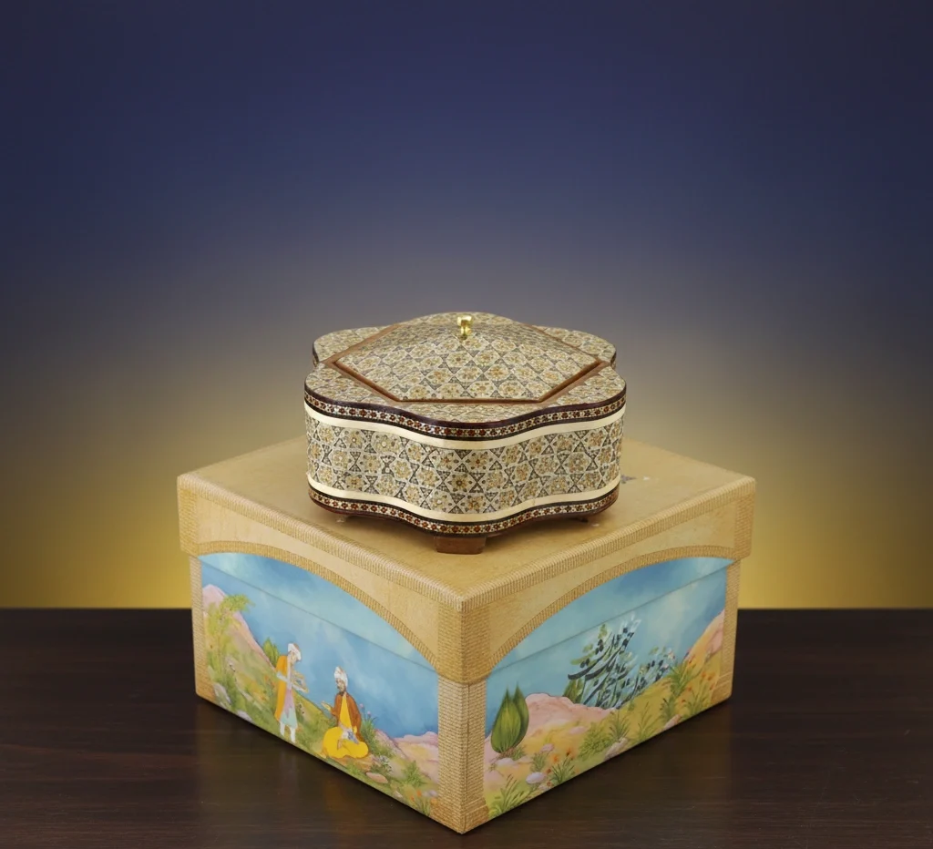 پک هدیه خاتم‌کاری شش‌گوش با جعبه هاردباکس نگارینه